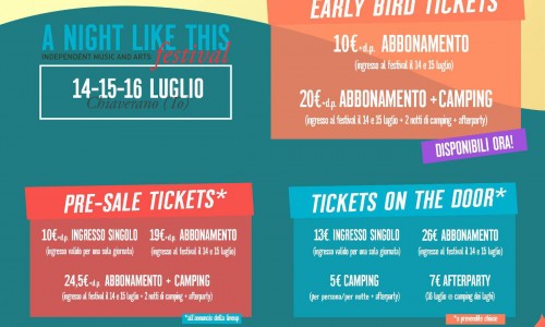 A Night like this’ festival, 14 /15 /16 luglio 2017, Chiaverano (To): abbonamenti in vendita